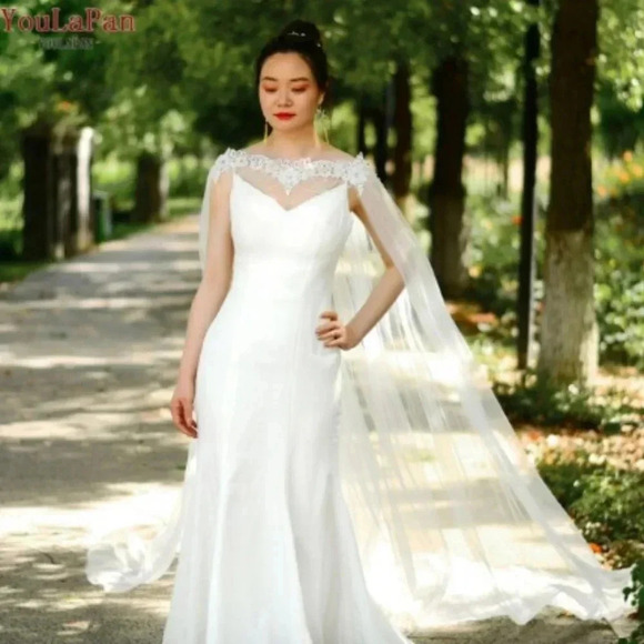 Accessories - (ON SALE) Beautiful Long Lace Wedding Cape Crystal Bead Wedding Cape